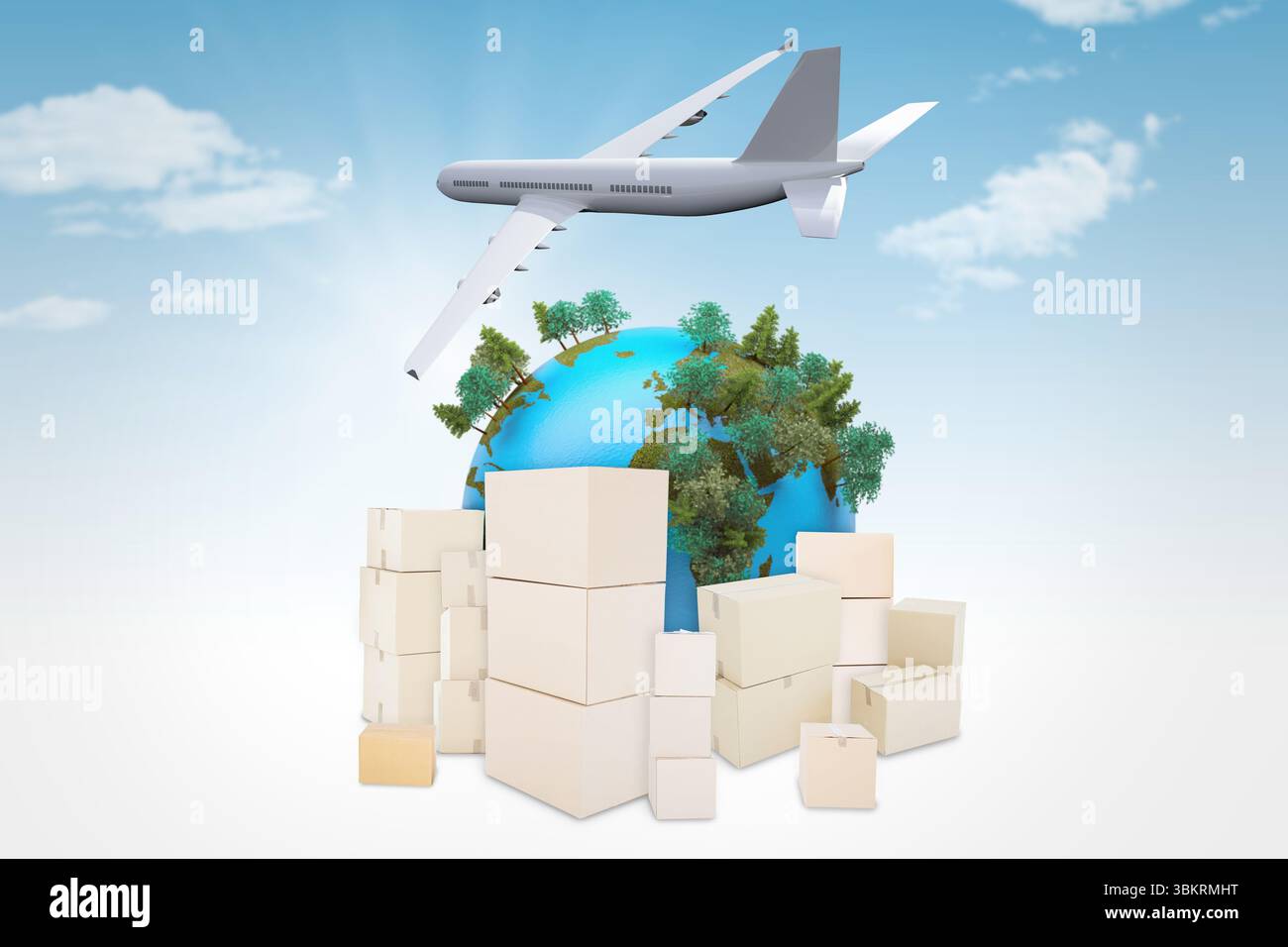 Illustration of airplane flying over earth and boxes Stock Photo - Alamy