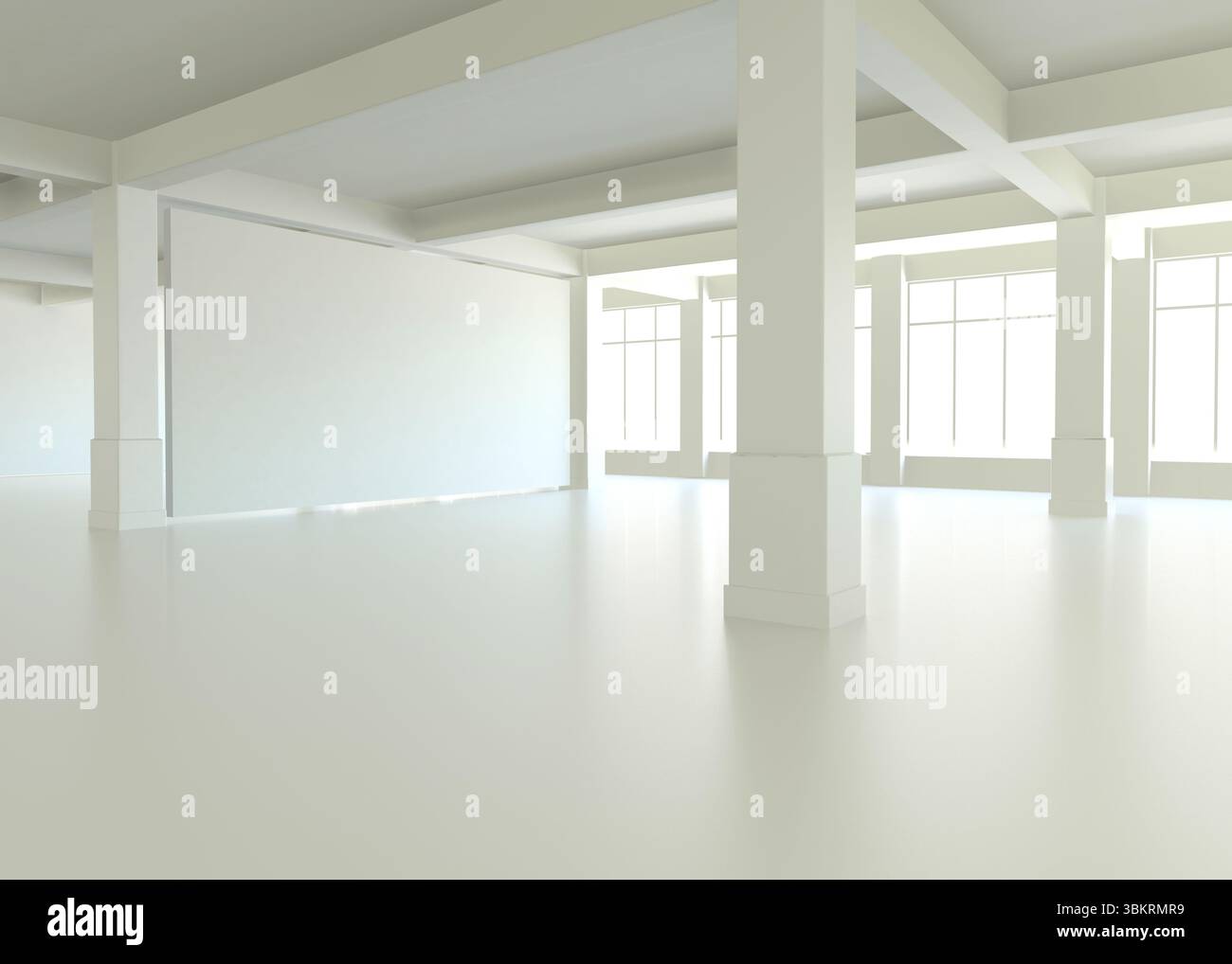 Open-plan interior space is showing shiny floor, columns, beams and grid windows in 3D render Stock Photo