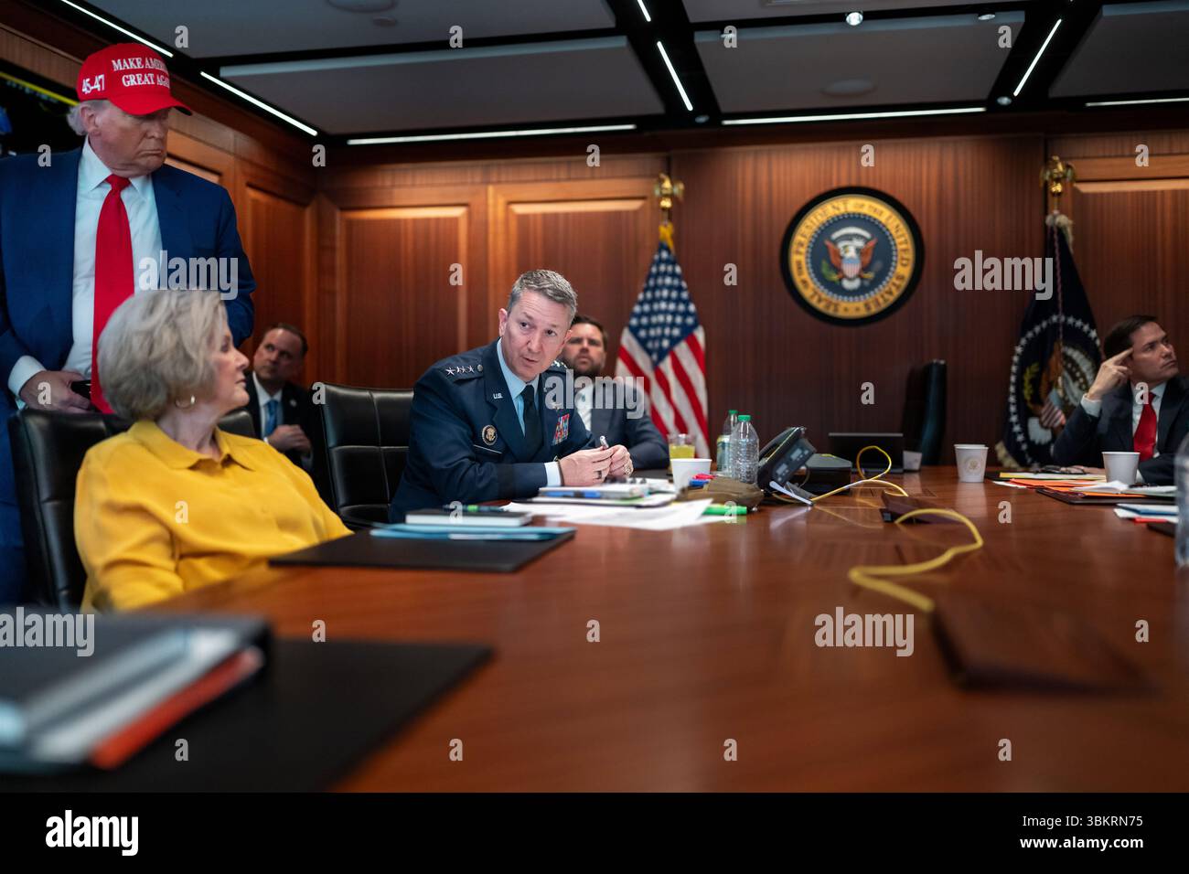 US President Donald Trump meeting with advisors in the White House Situation Room during Operation Midnight Hammer when stealth B2 bombers dropped Massive Ordnance Penetrators (MOPs) over Iranian nuclear sites on June 21, 2025. (USA) Stock Photo