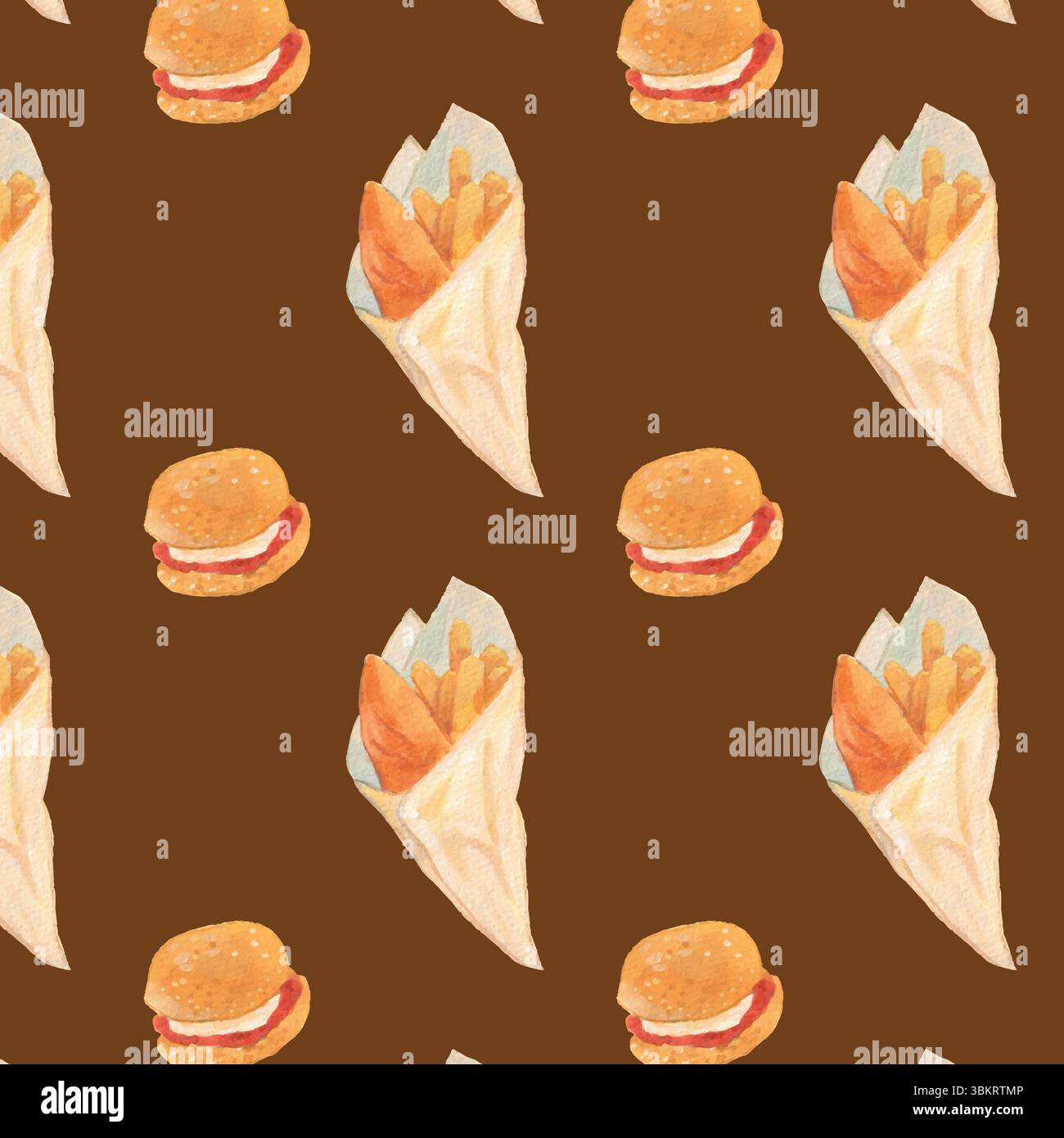 English fast food watercolor pattern. Fish and chips, scone painting elements. English cuisine colorful background. Brown rustic wallpaper. Stock Vector