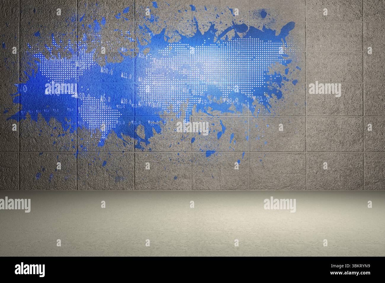 Splash on wall revealing blue world map Stock Photo