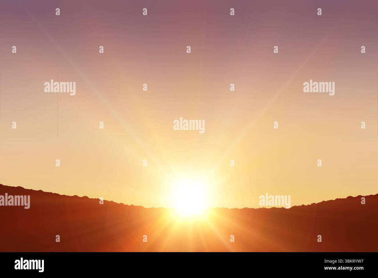 Sun rising over rocky ridgeline in flat design illustration, casting ...