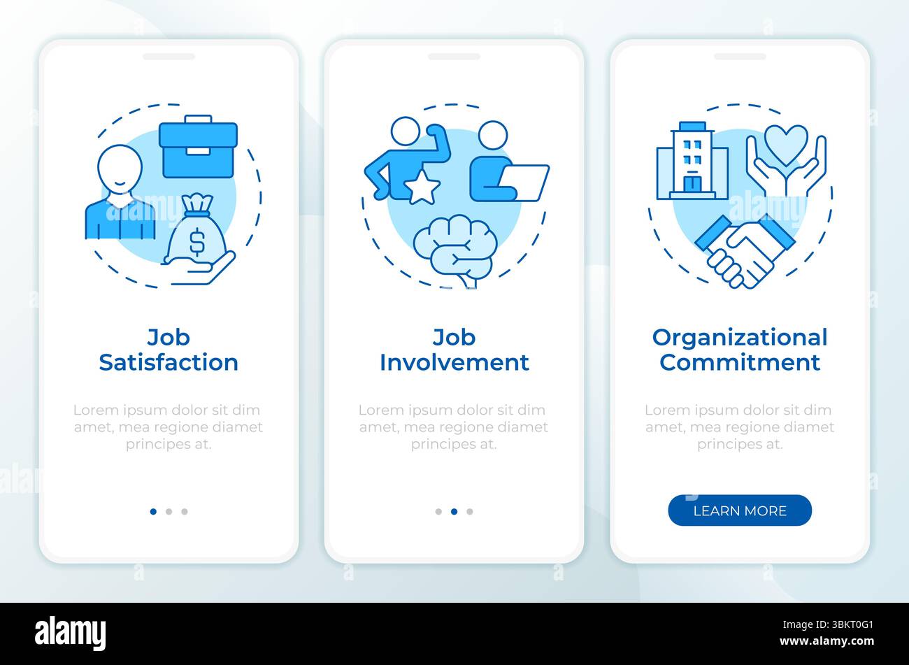 Job attitude types blue onboarding mobile app screen Stock Vector