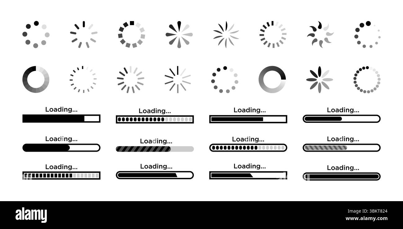 Loading icon, cursor hand click, wifi sign, buffer loader, progress bar vector set. Circle load status bar symbol, horizontal speed indicator Stock Vector