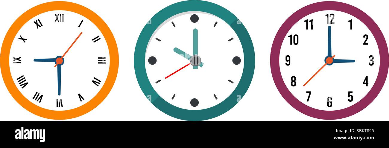 Clock flat icon vector illustration. Wall clock faces, timer clock, watch faces designs for web, app, and creative projects, office clock. Stock Vector
