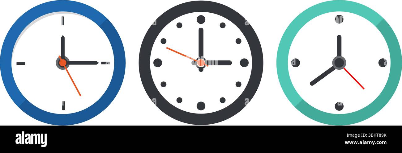 Clock flat icon vector illustration. Wall clock faces, timer clock, watch faces designs for web, app, and creative projects, office clock. Stock Vector
