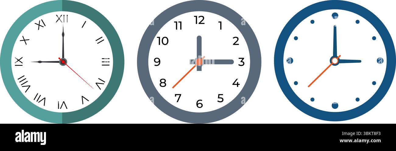 Clock flat icon vector illustration. Wall clock faces, timer clock, watch faces designs for web, app, and creative projects. Stock Vector
