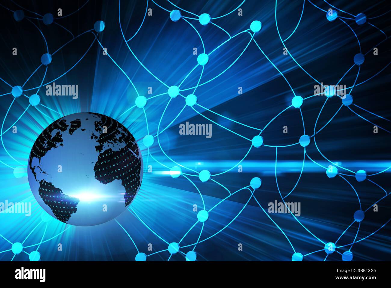 Flat design globe is glowing with binary code while network nodes are linking over blue backdrop Stock Photo