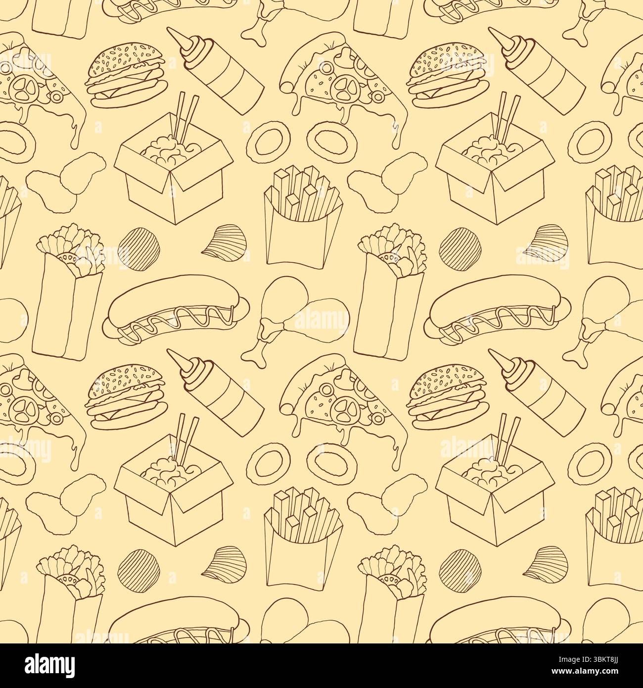 Doodle fast food seamless pattern. Junk meals background. Stock Vector