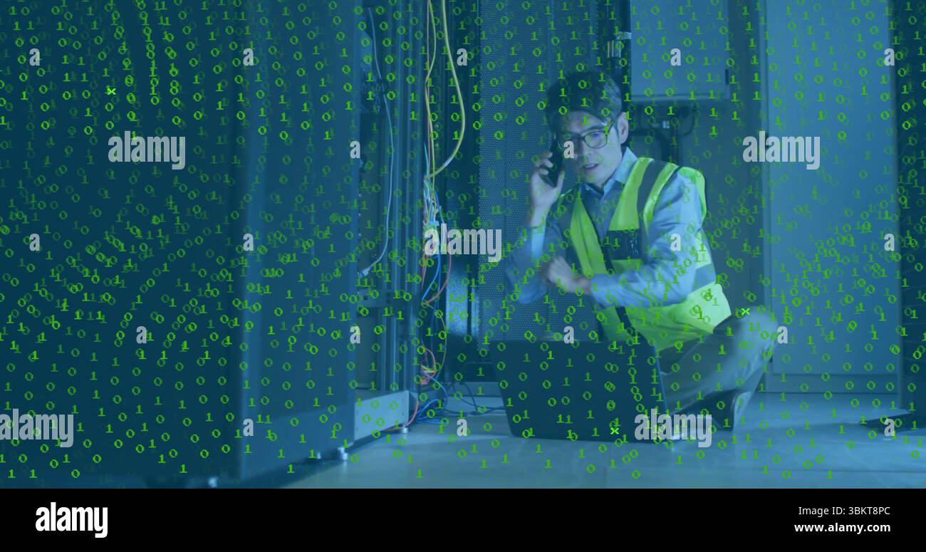 Technician calling on phone inspecting rack cables in server room with binary overlay, copy space Stock Photo