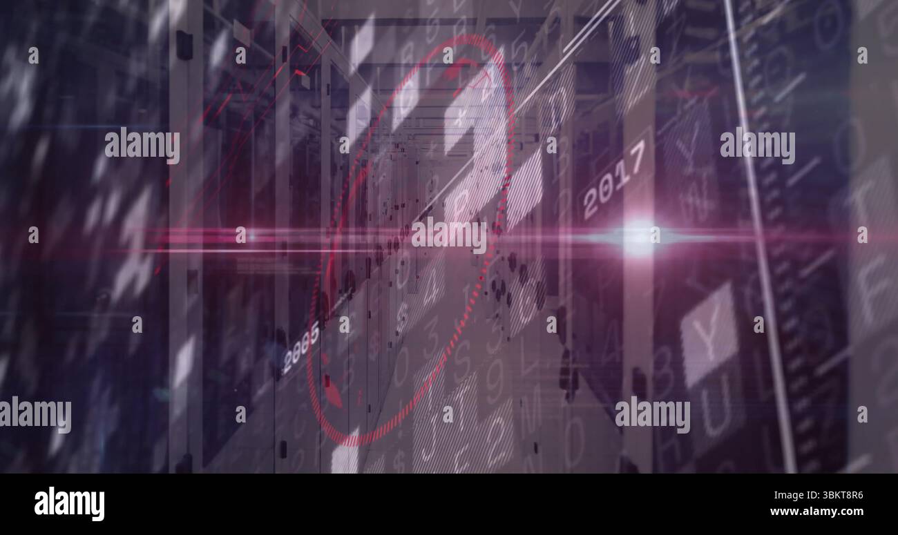 Displaying red circular hologram hovering over server rack aisle in data center, with floating data Stock Photo