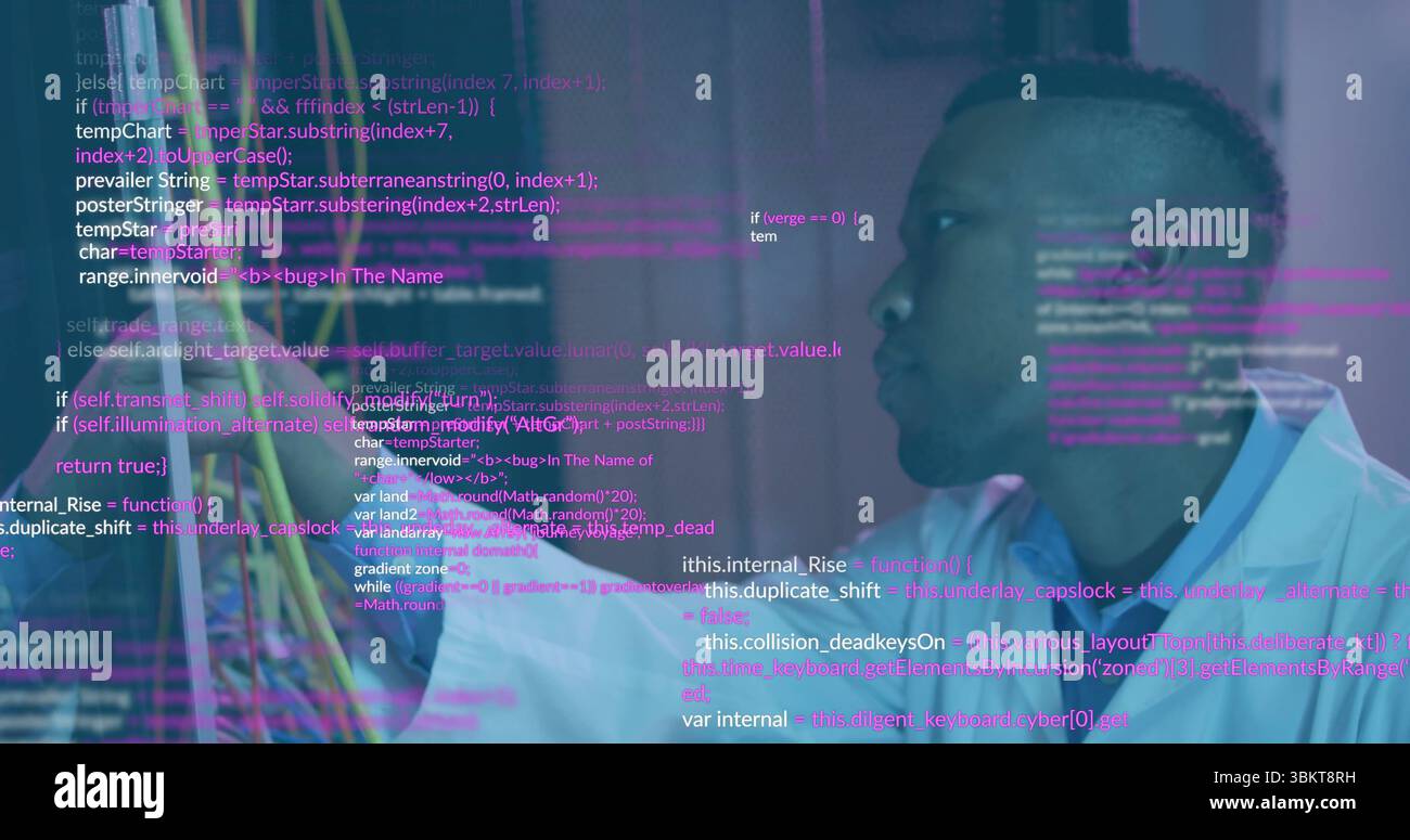 Inspecting scientist in lab coat examining wires on lab bench with code overlay, copy space Stock Photo