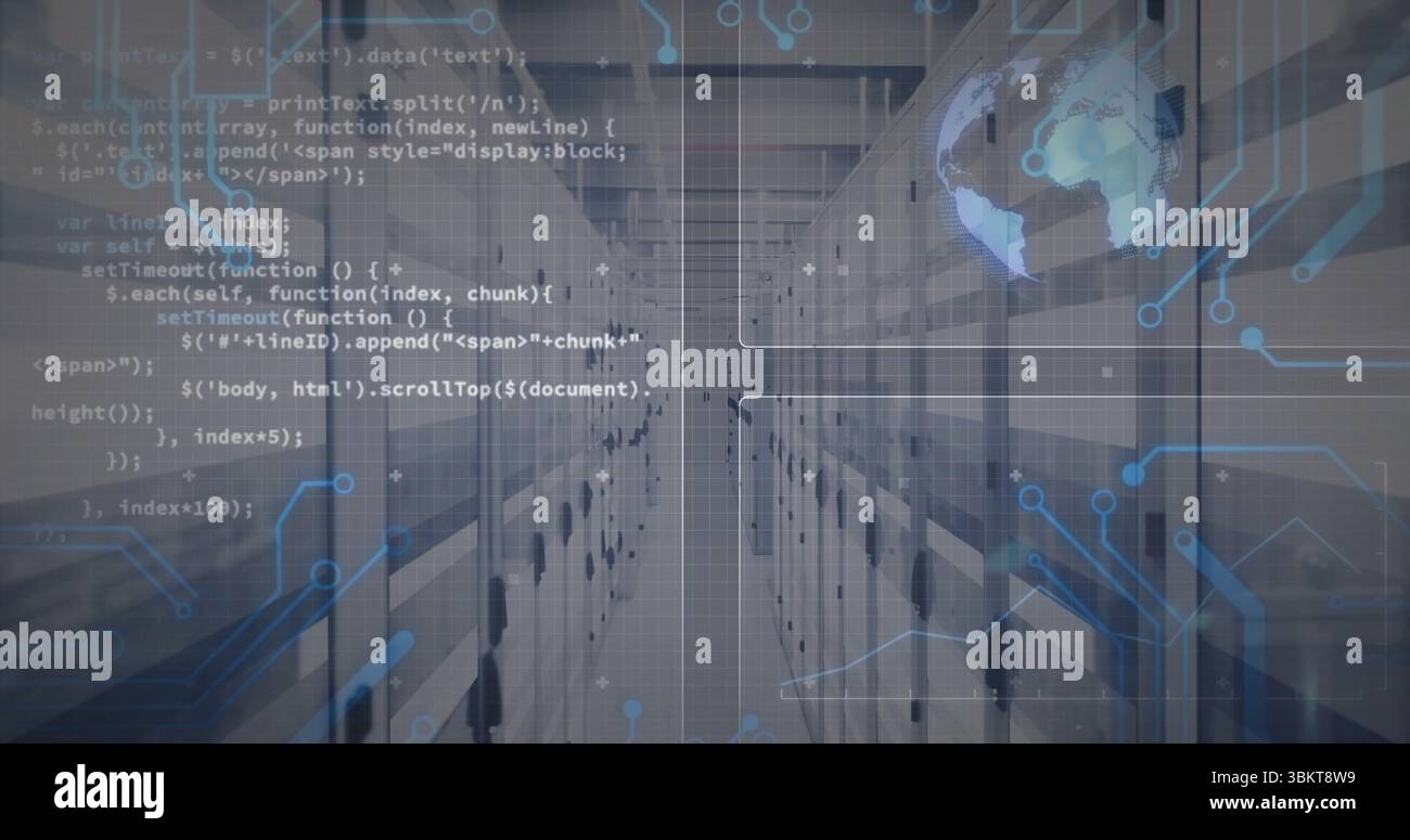 Showing central data center corridor blending server racks with code overlay and holographic globe Stock Photo