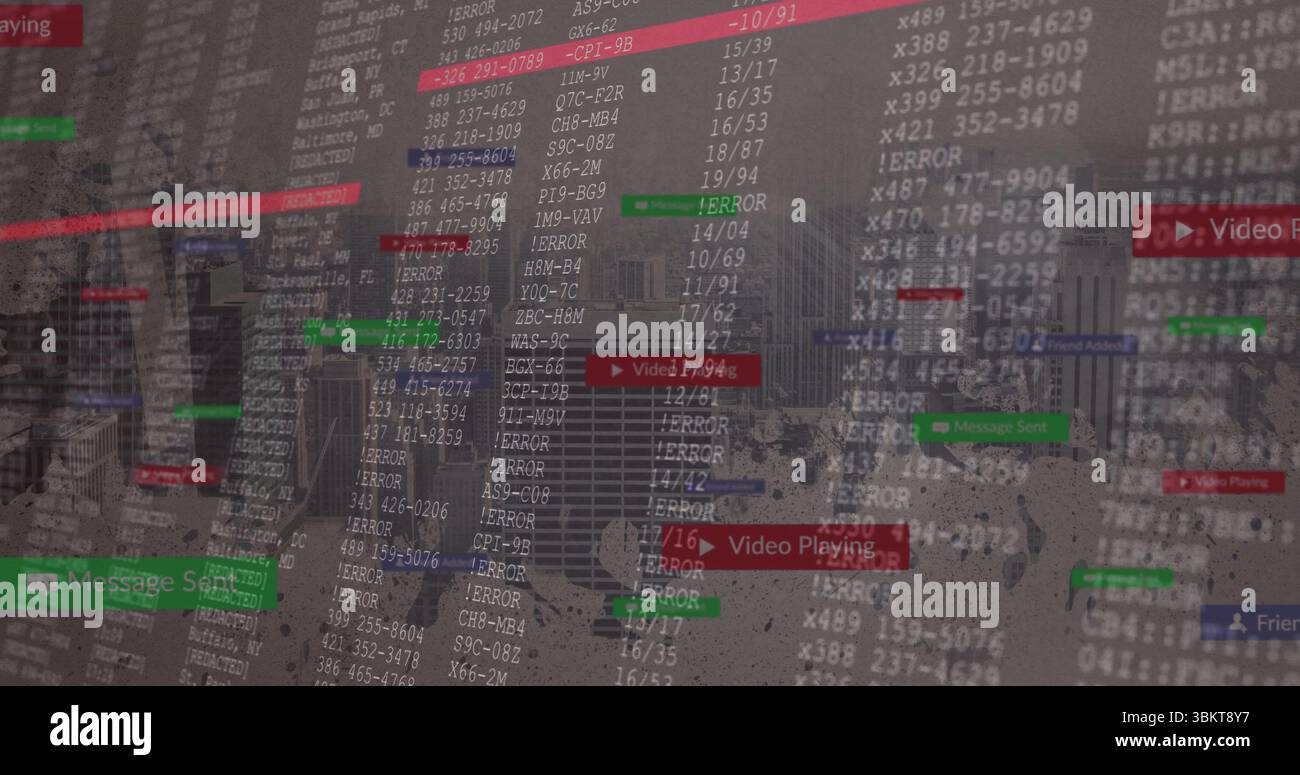 Overlaying codes over blurred skyline, showing ERRORs, green Message Sent boxes, red Playing boxes Stock Photo