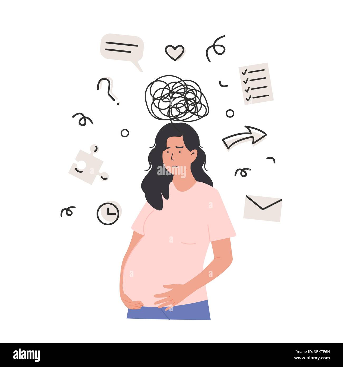 Pregnant woman managing prenatal planning. Stressed, tired, overwhelmed mom having anxiety. Nesting, baby preparation and mental load. Flat style Stock Vector