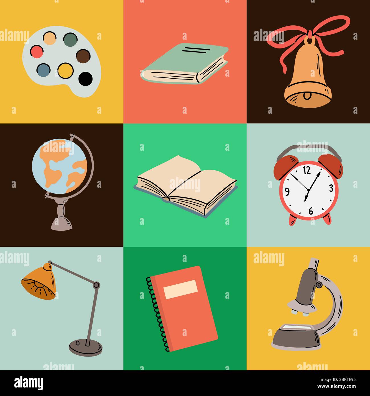 Back to school icons set and seamless pattern Stock Vector