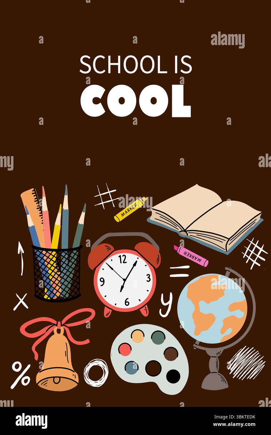 Vertical poster with hand drawn school supplies  Stock Vector
