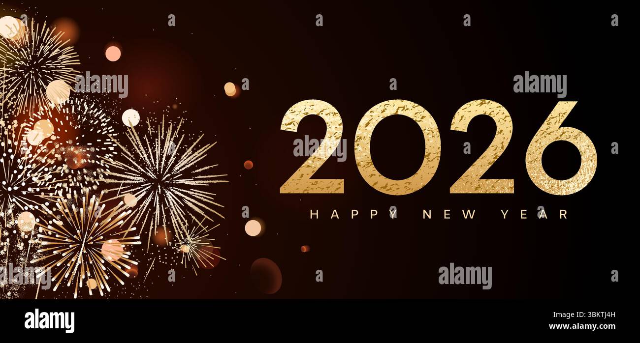 2026 banner, gold fireworks background, New Year card Stock Vector ...