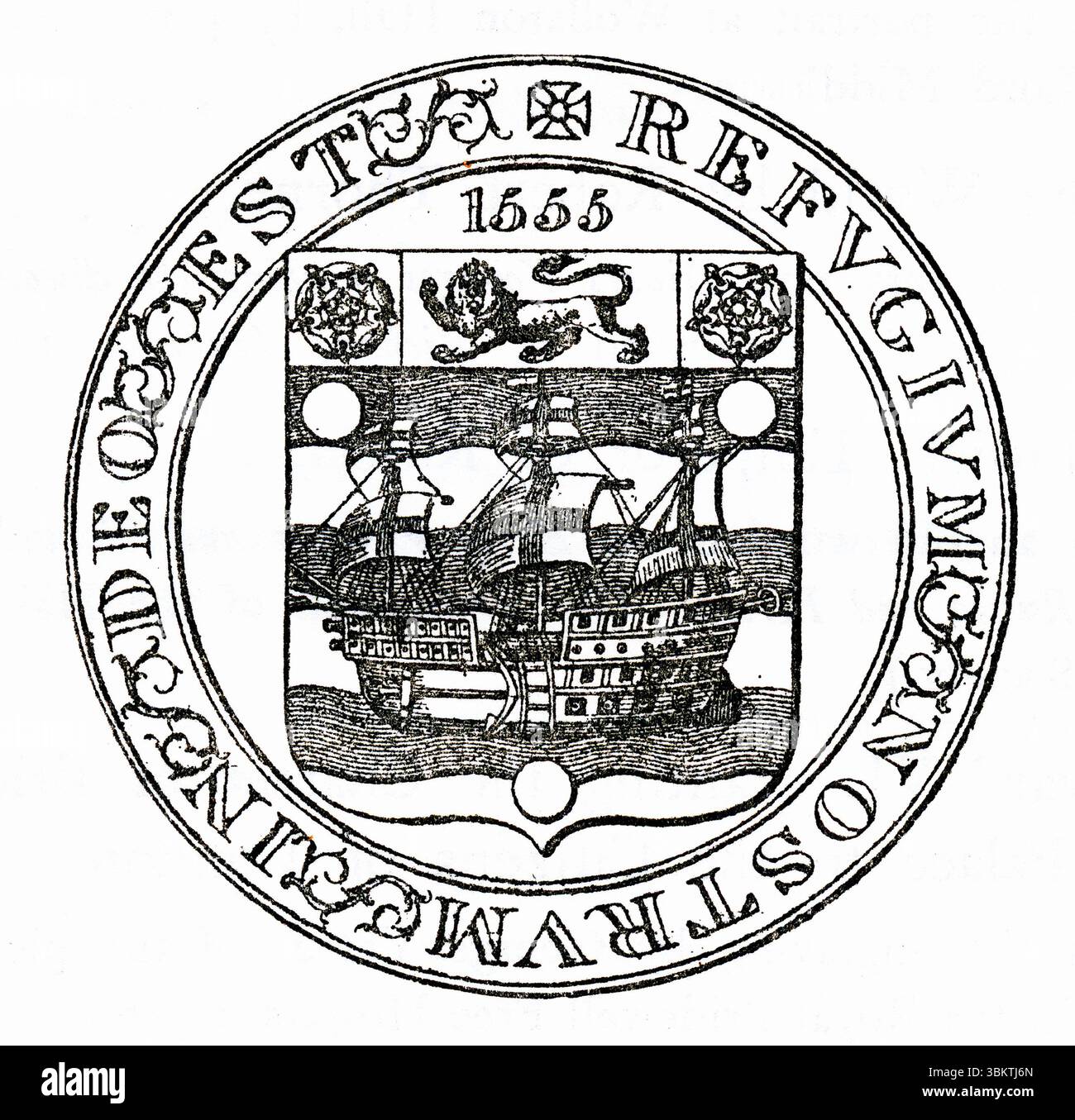 Seal of the Russia Company, 1555, from Richard Hakluyt's books on The Principal Voyages Traffiques and Discoveries of the English Nation, 1604 Stock Photo