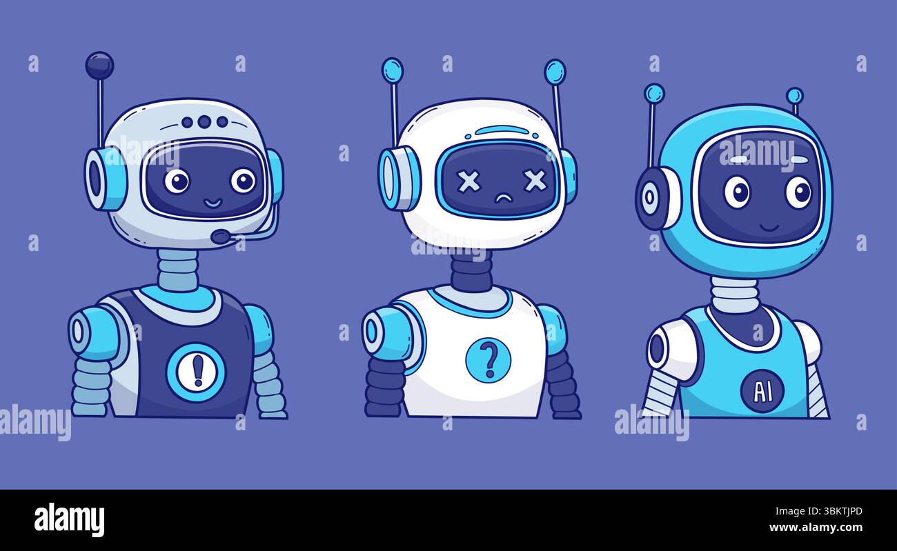 Futuristic Robot, virtual Assistant AI set. Vector color hand drawing. Isolated Avatar character for tech support, security, chatbot projects, design. Stock Vector