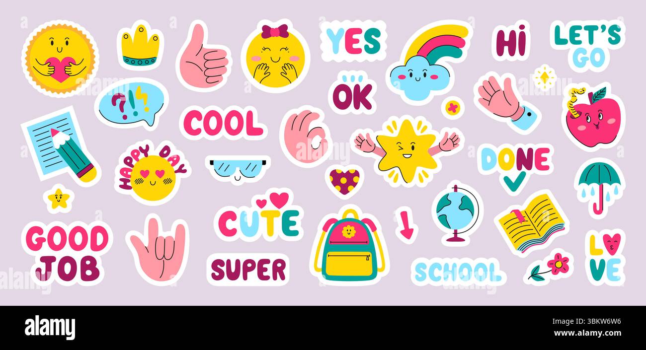 Kids diary stickers. Funny planners or personal journal badges. Cute daily list decoration elements, hands, sun, apple, stars, texts, neoteric vector Stock Vector