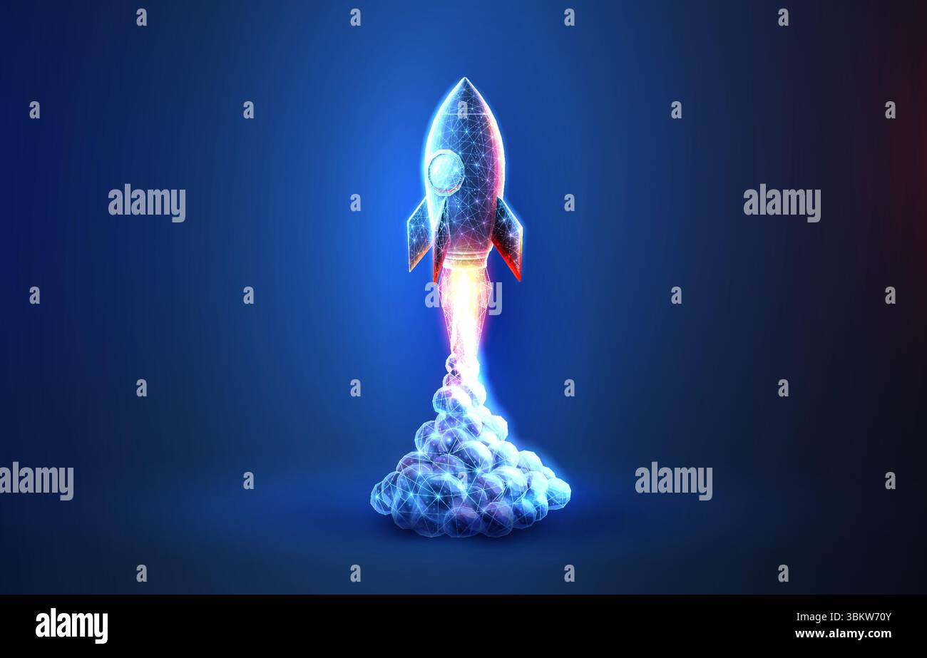 Digital rocket launch. Application startup, new project, fast tech, marketing solution Stock Vector