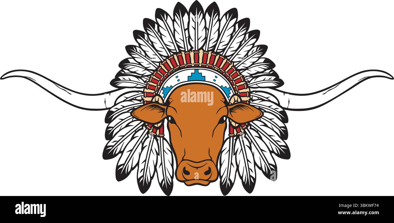 Longhorn Head with Native American Indian Chief Headdress. Vector Illustration. Stock Vector