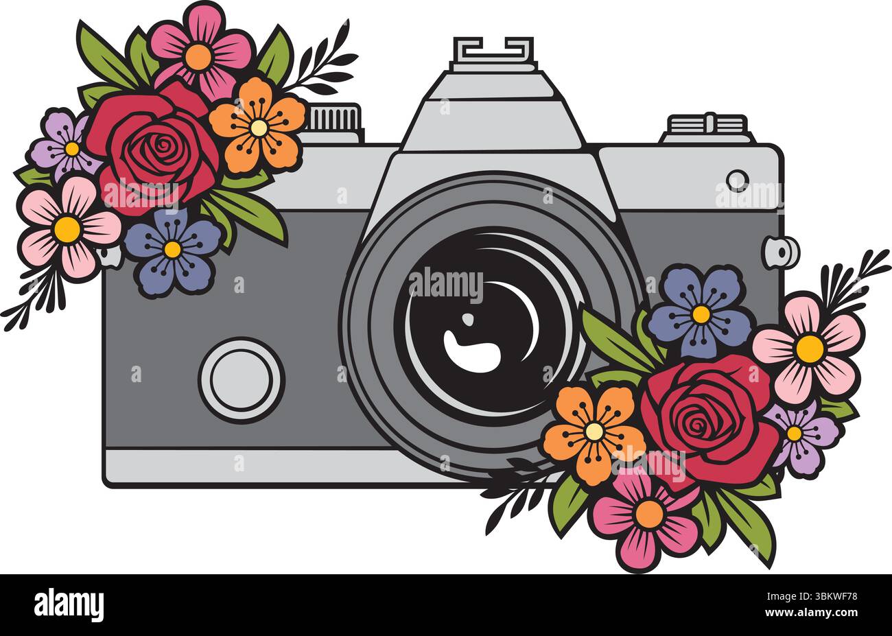 Retro camera with flowers. Vector Illustration. Stock Vector