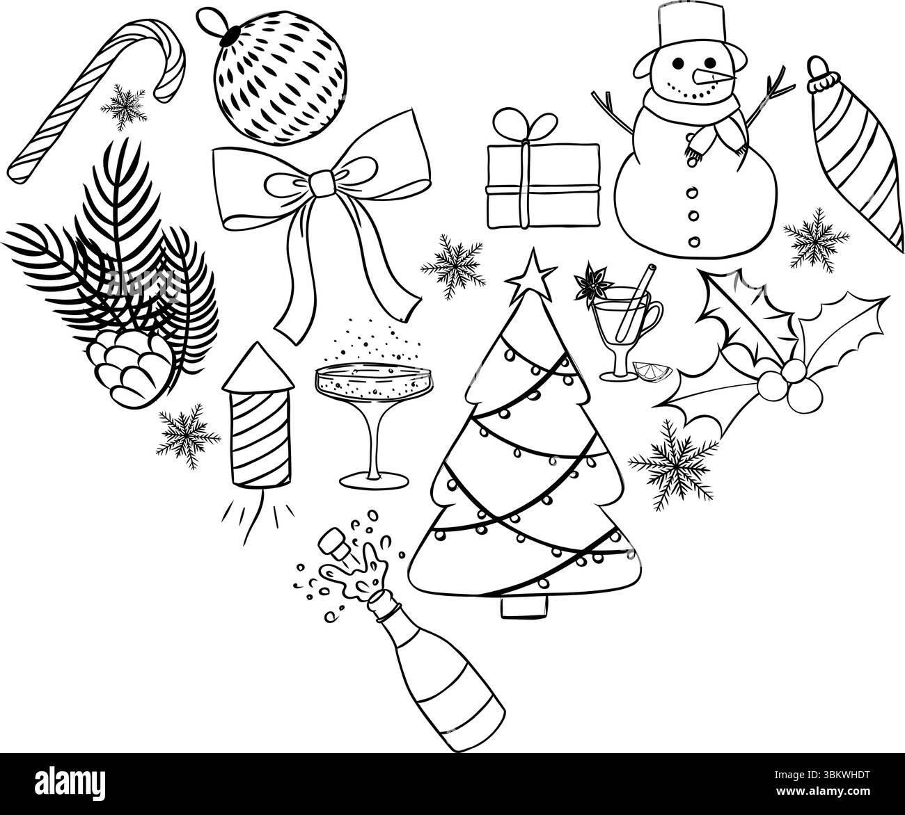 A heart shaped Christmas items black and white logotype. Vector graphic line ink illustration. Banner, poster, wrapping paper, sticker, print, modern Stock Vector