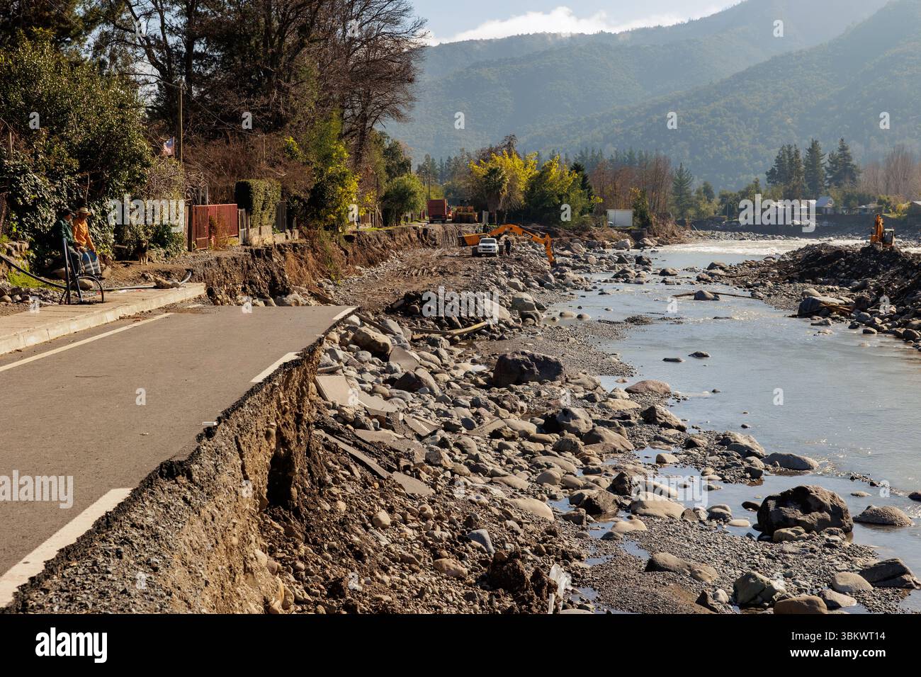 Damage to the road after the flood in July 2023 on the Rio Teno, Chile ...