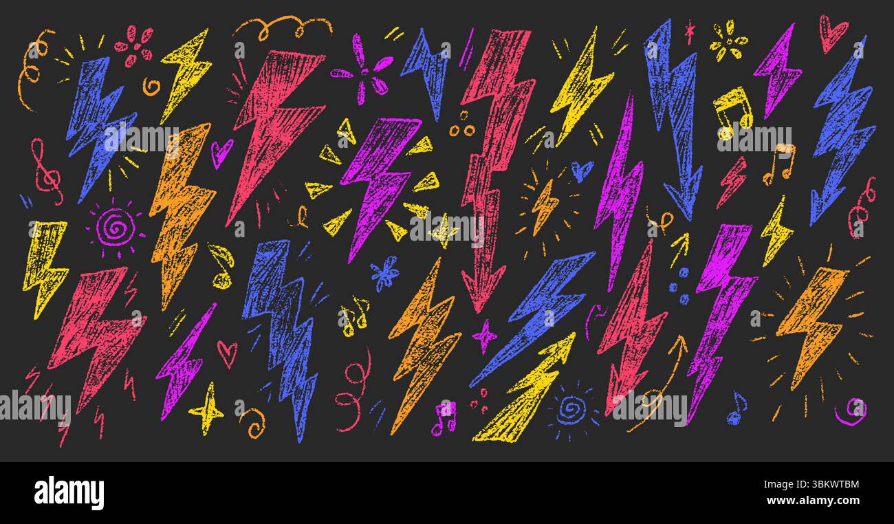 Colorful crayon lightning bolts, hearts, and musical notes create a dynamic and playful design. Ideal for posters, accessories, or creative projects. Stock Vector