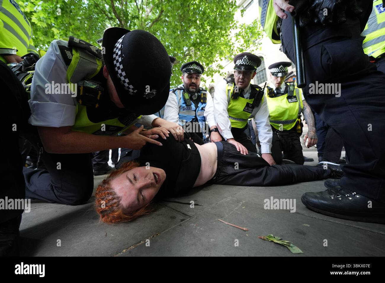 Police speak to a person taking part in a demonstration at Trafalgar Square in London in support of Palestine Action. The Home Secretary is preparing to ban Palestine Action following the group's vandalism of two planes at an RAF base, making it a criminal offence to belong to or support Palestine Action. Picture date: Monday June 23, 2025. Stock Photo