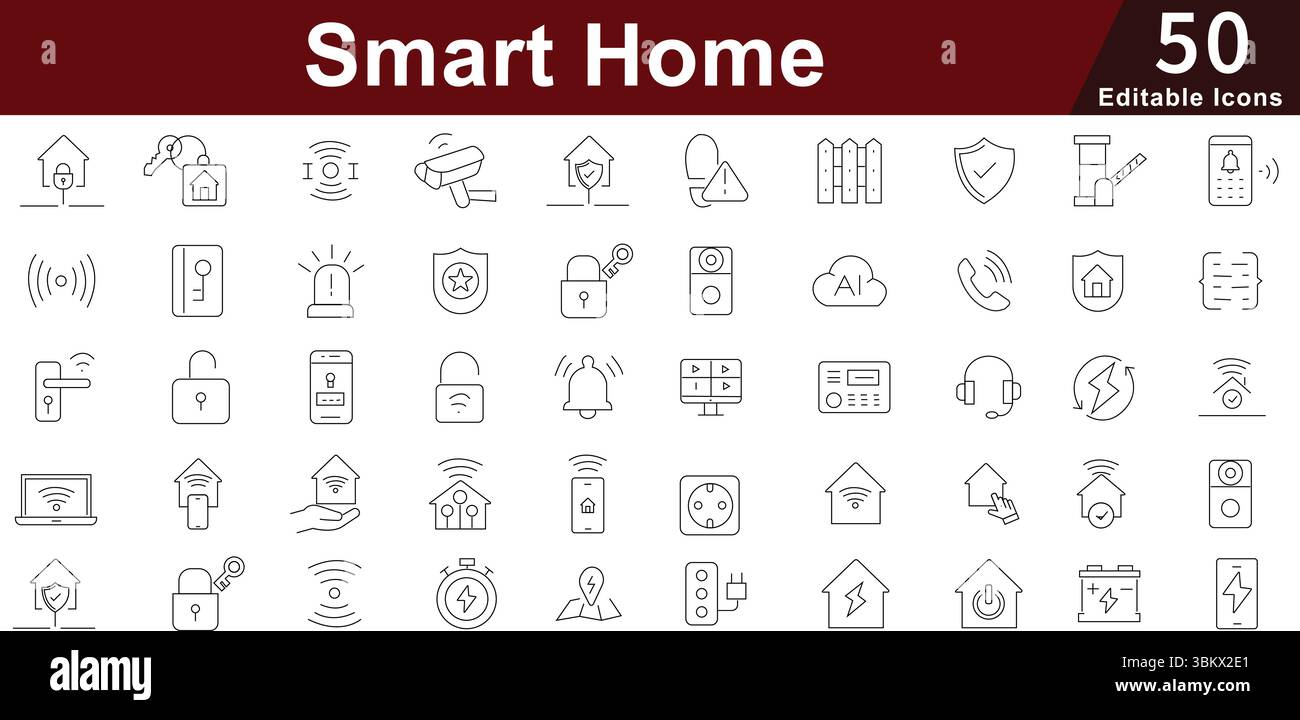 Smart Home & Security Line Icons set - Automation, IoT, Control, Safety & Technology Vector. Editable Stroke Stock Vector