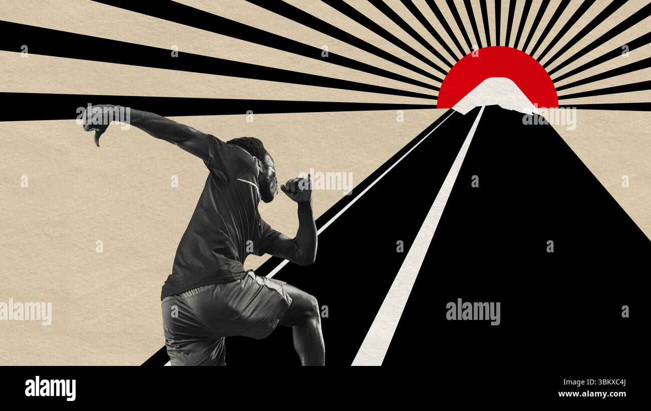 Chasing Determination Vibrant graphic collage. Runner with mountain and rising sun. Chasing ...