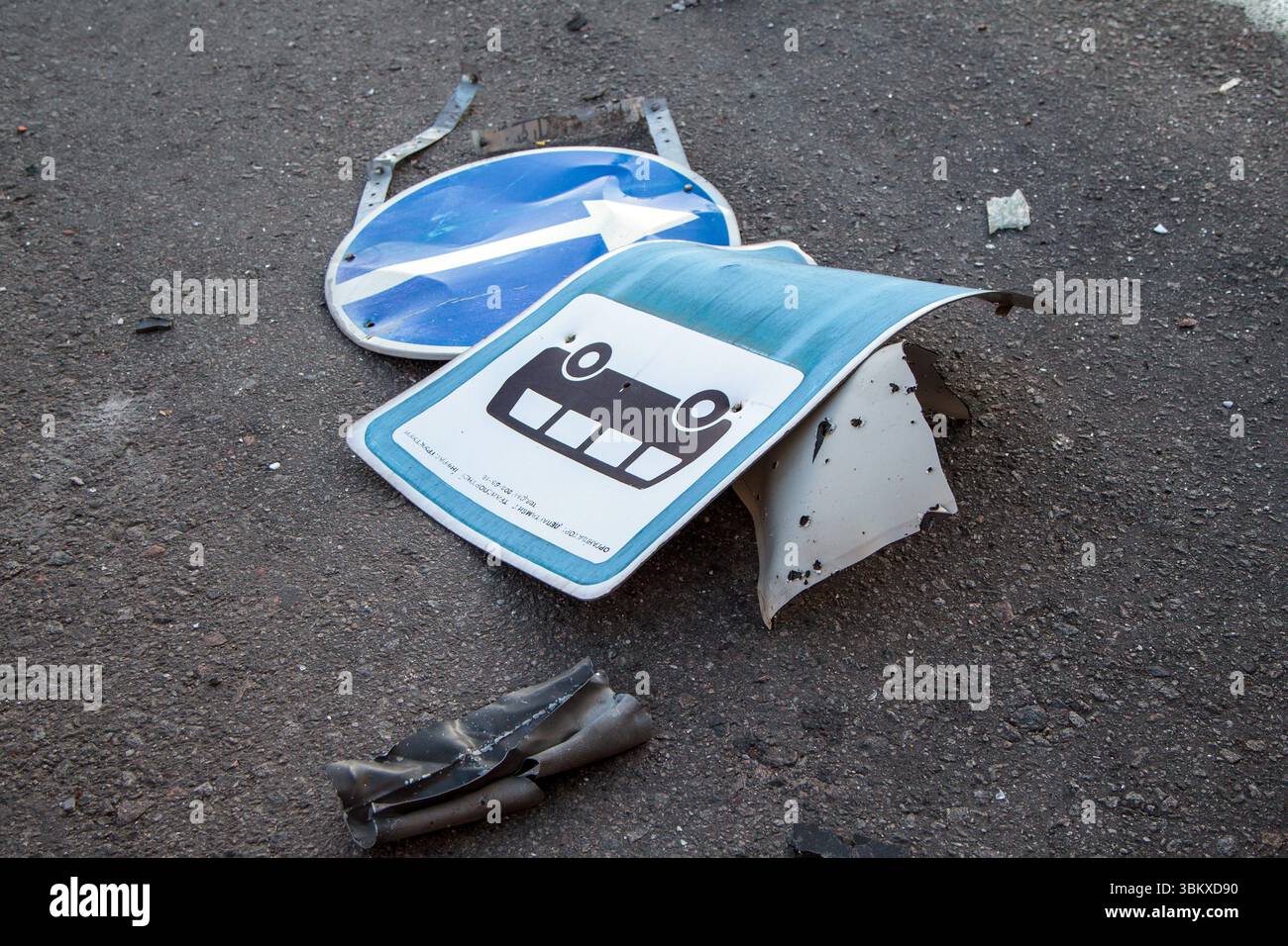 Road signs mangled by a Russian combined strike with ballistic missiles ...