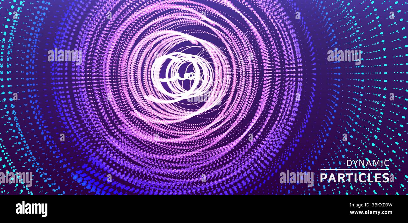Array with dynamic particles. Swirl with connected dots. Abstract science or technology background. 3d vector illustration. Stock Vector