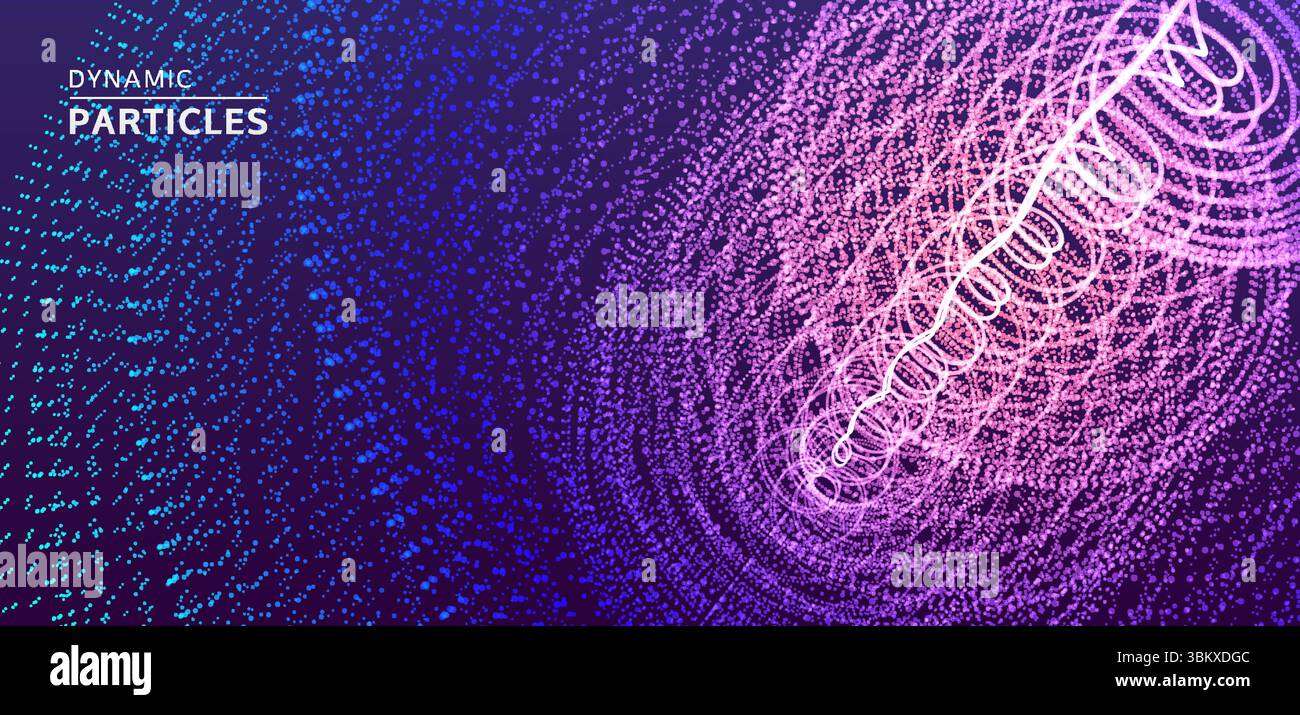 Array with dynamic particles. Swirl with connected dots. Abstract science or technology background. 3d vector illustration. Stock Vector