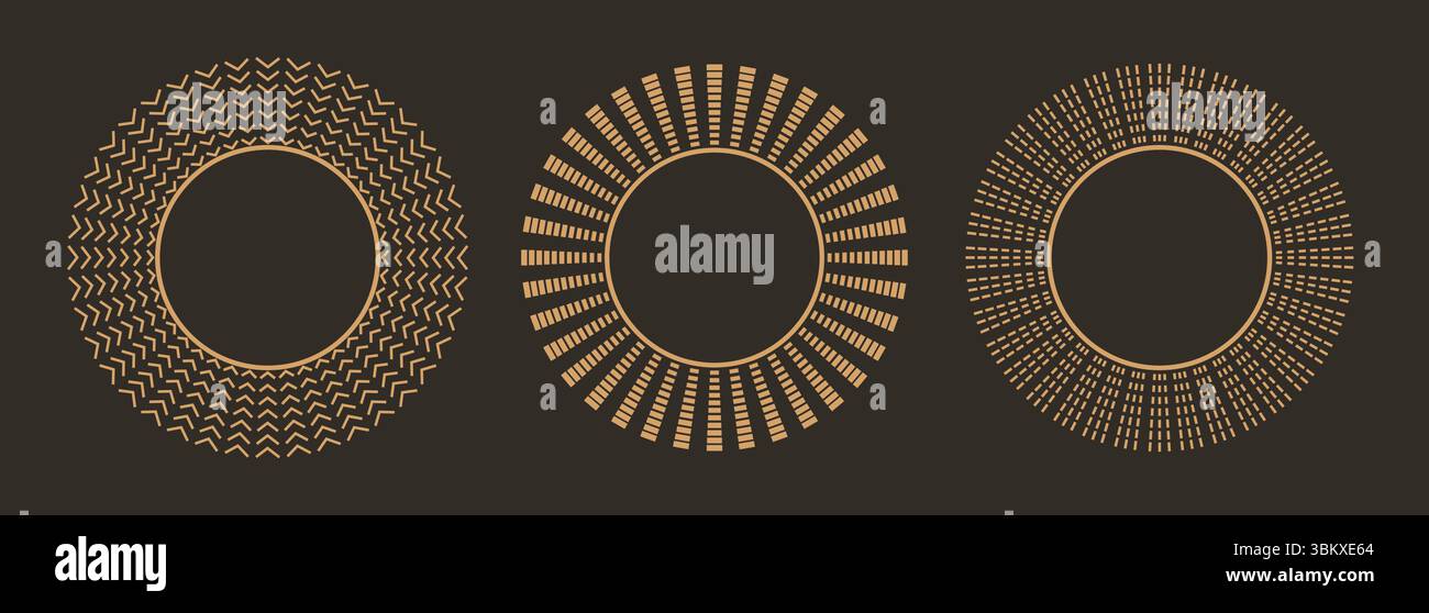 Linear gold elegant frames, round mirror shapes. Thin ornamental line rays. Trendy vector magic talisman, tattoo, gipsy symbol, celestial forms. Stock Vector