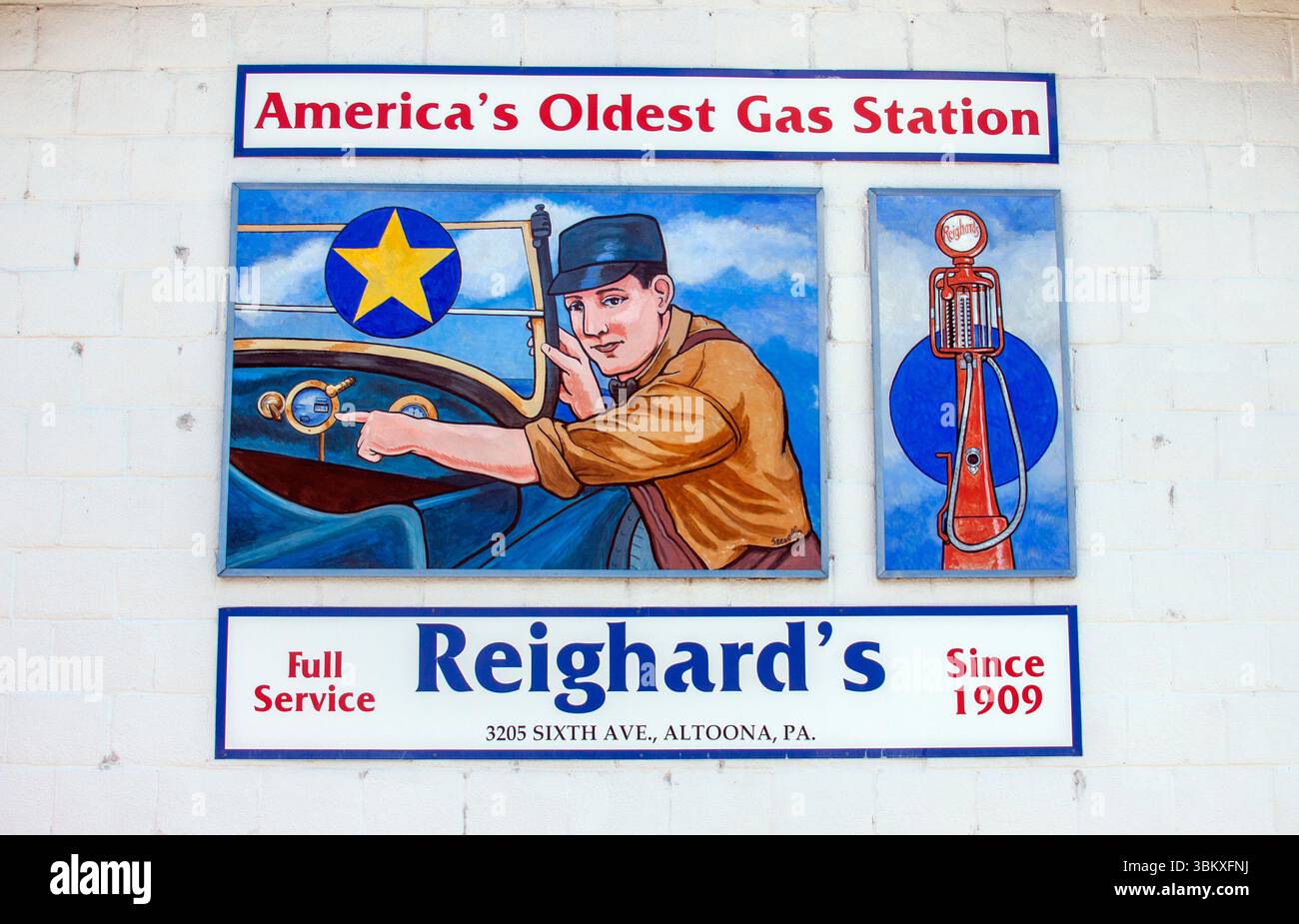 America’s oldest gas station in Altoona, Pennsylvania—still standing as a tribute to early road travel and fueling history. Stock Photo