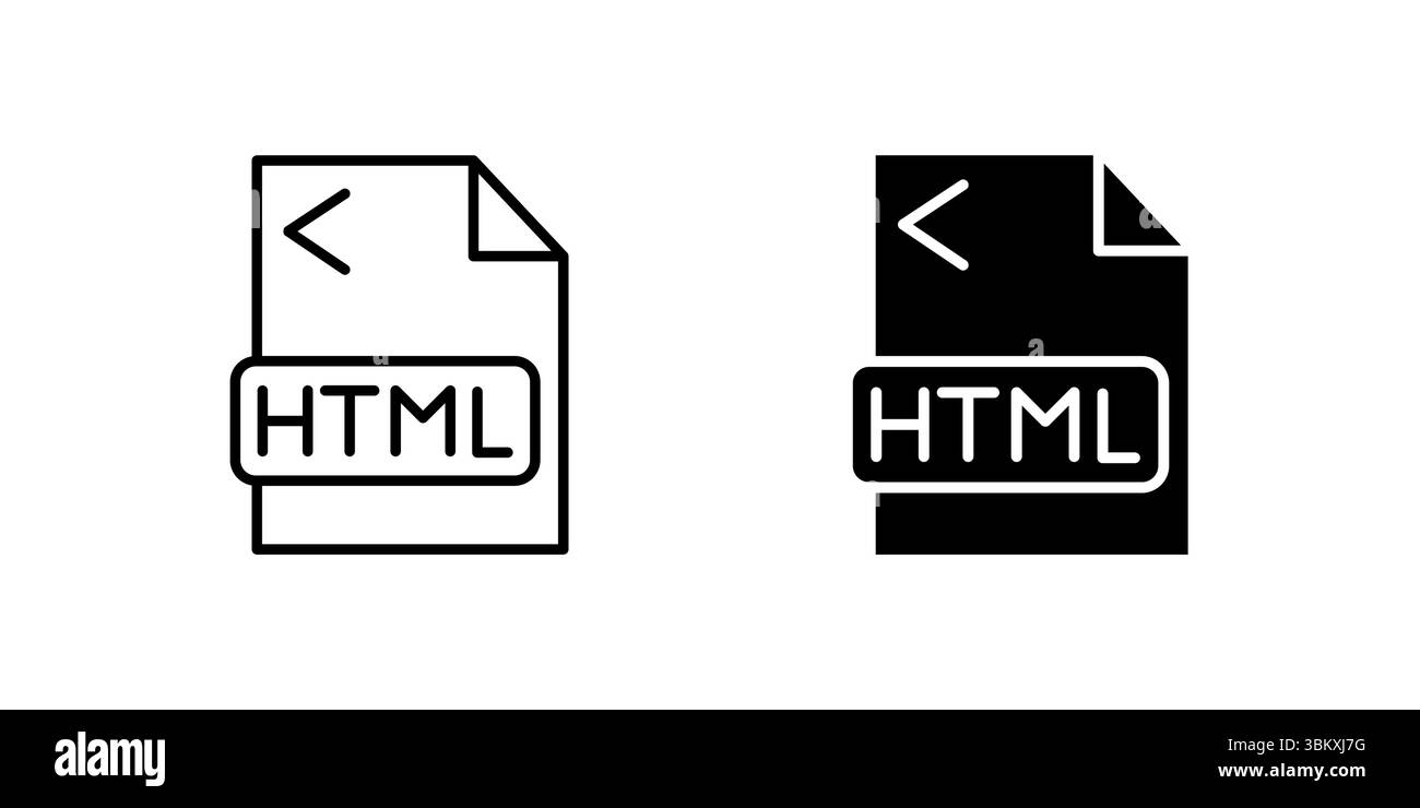 Standard HTML file icon set for coding, web programming, and digital development. Essential for web design and IT themes. Stock Vector