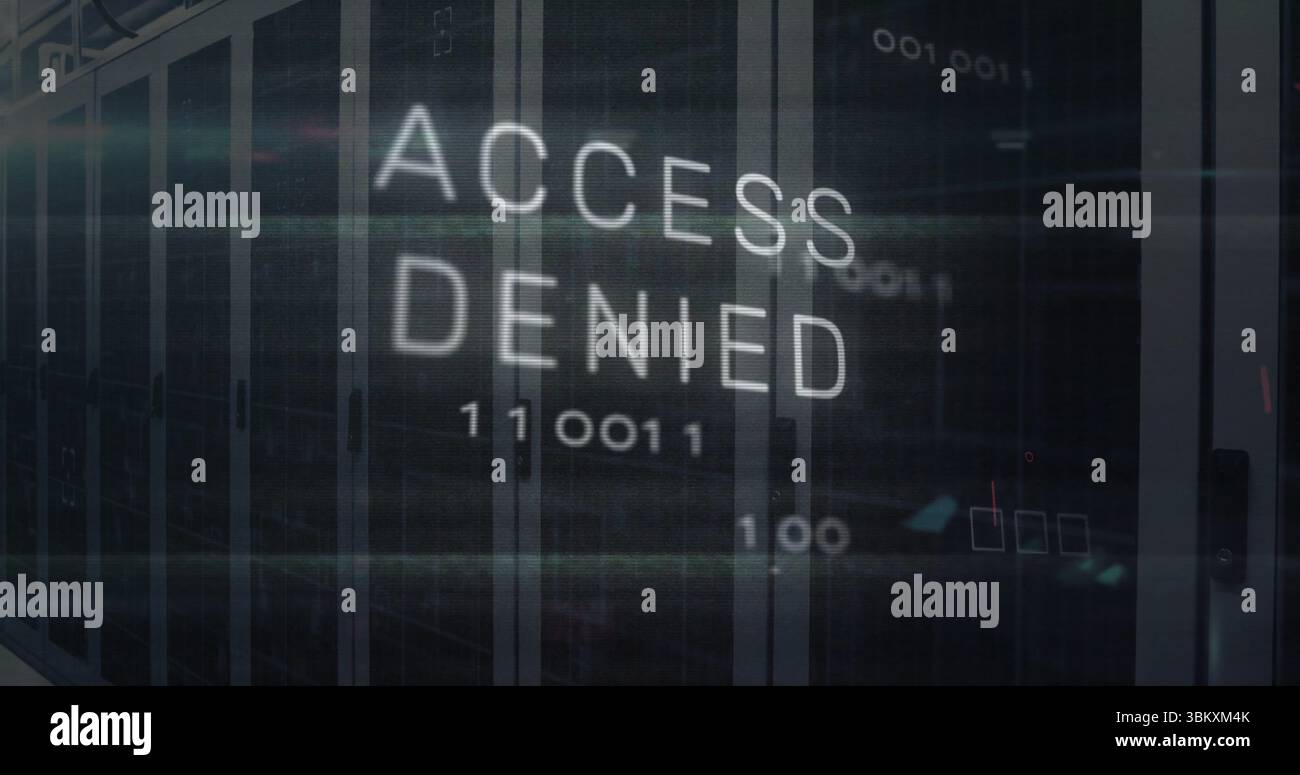 Displaying ACCESS DENIED hologram overlay in data center corridor with server racks and binary code Stock Photo