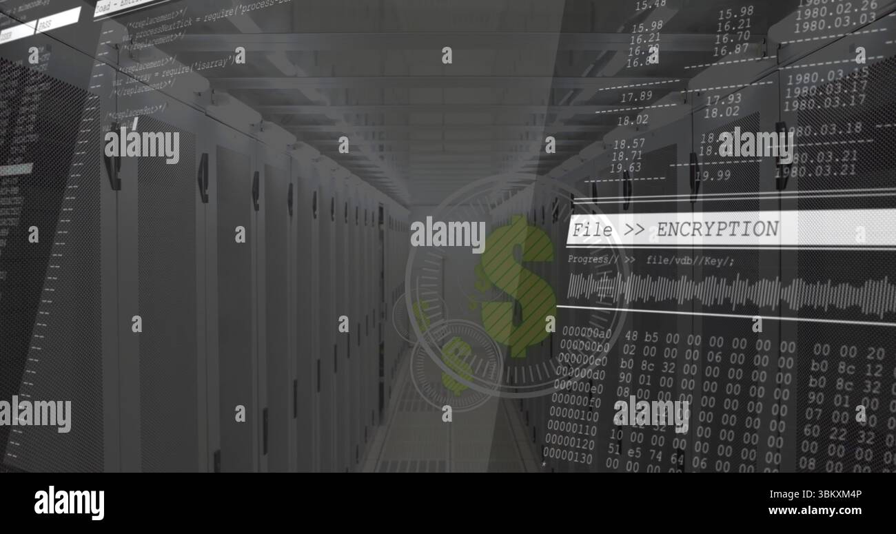 Server cabinets glowing under fluorescent lights in data center, displaying encryption overlays Stock Photo