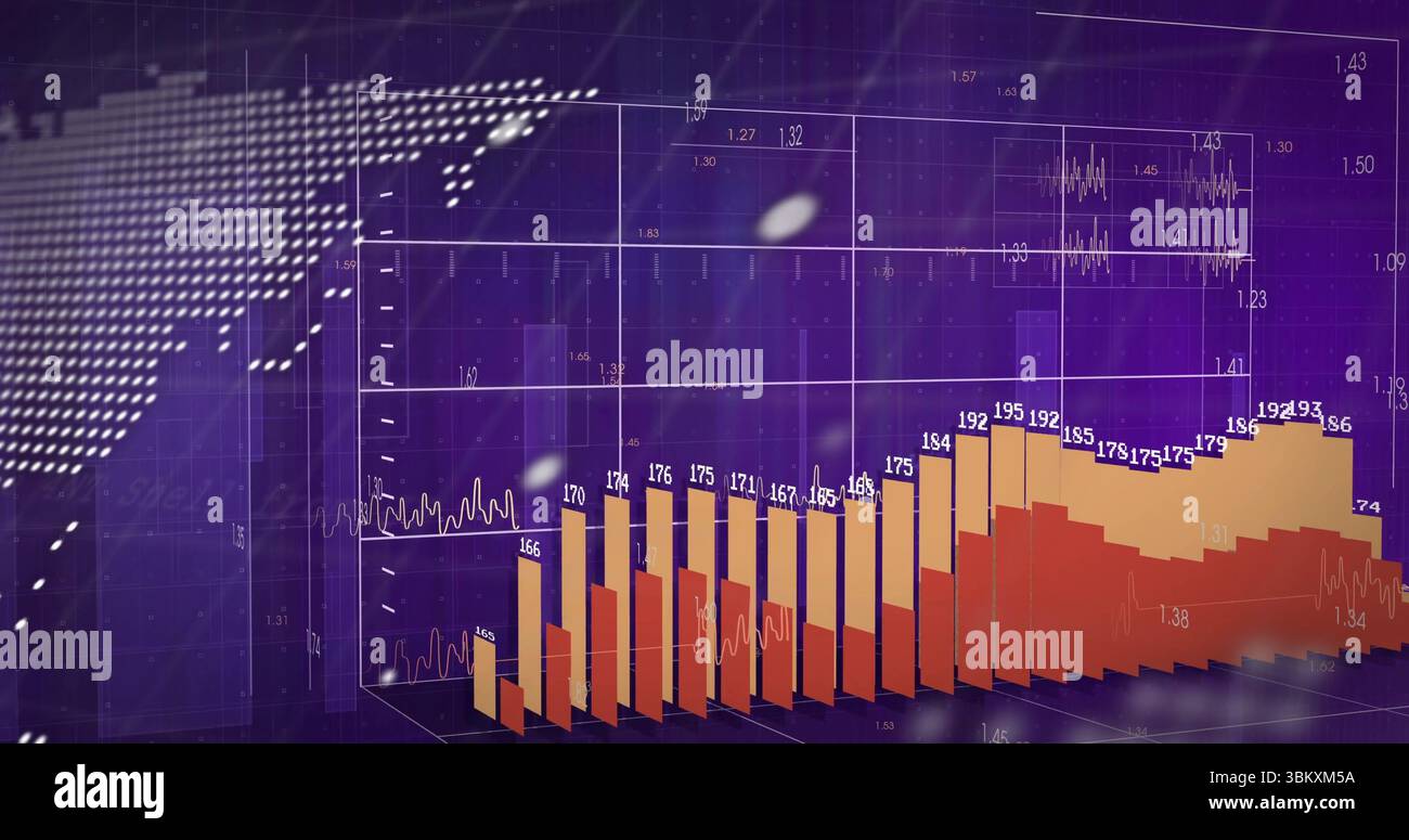 Displaying 3D bar chart rising across purple grid plane, with numeric ...
