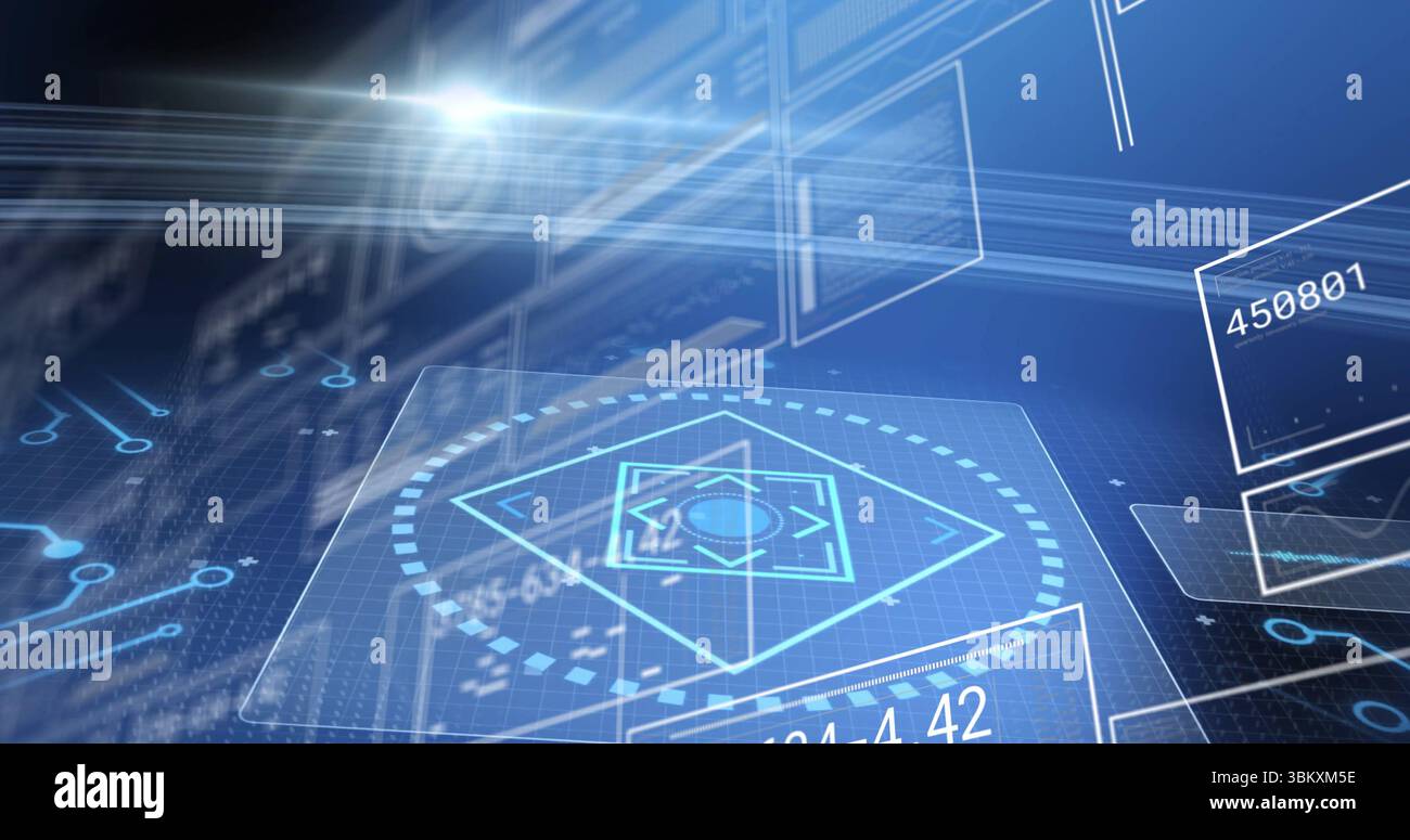Displaying holographic interface pulsing in virtual control environment, with floating data boxes Stock Photo