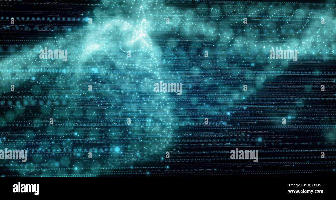 Flowing teal data points swirling with light particles in digital matrix with horizontal code lines Stock Photo