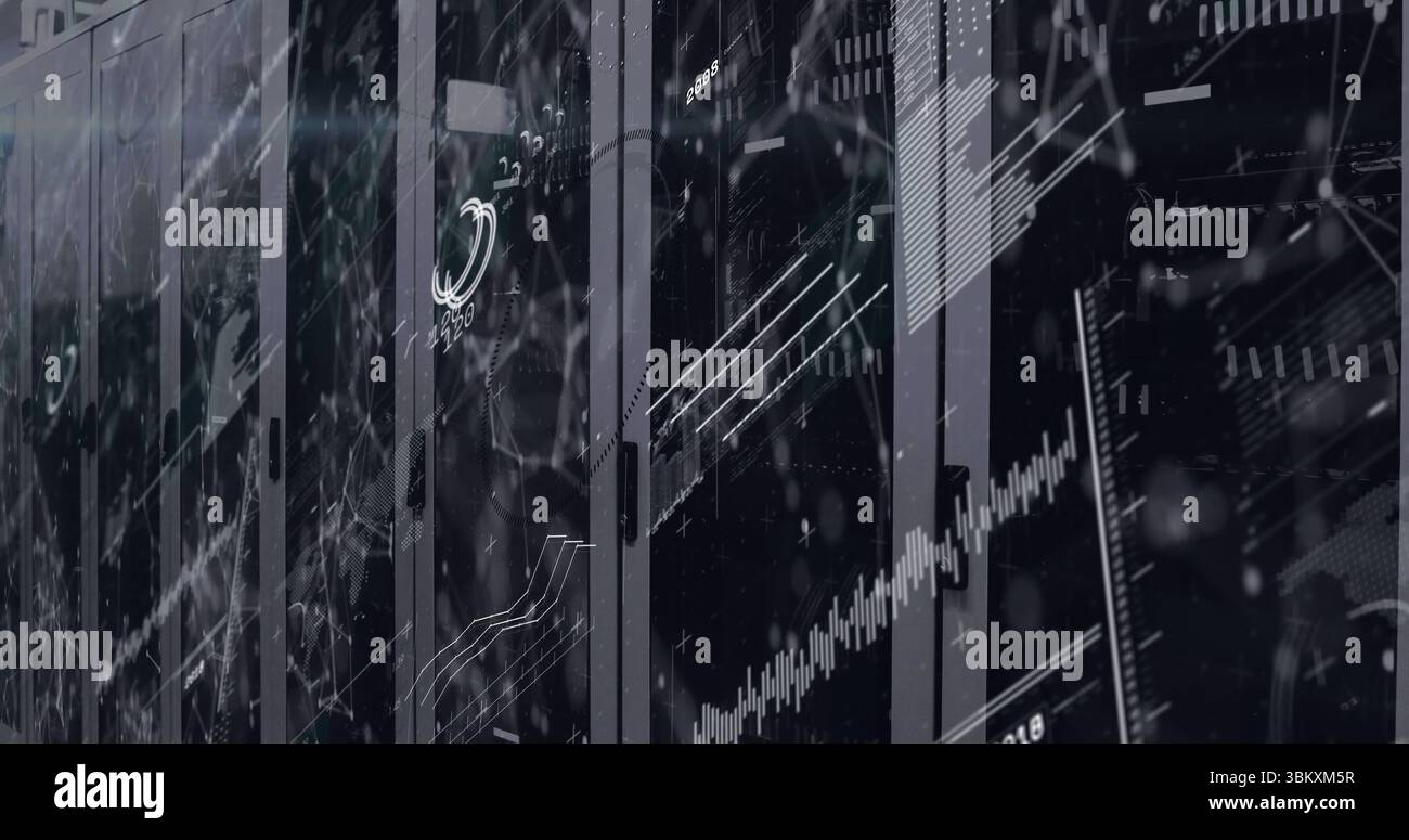Displaying server cabinets showing data flow graphics in data center aisle, with LED lights Stock Photo
