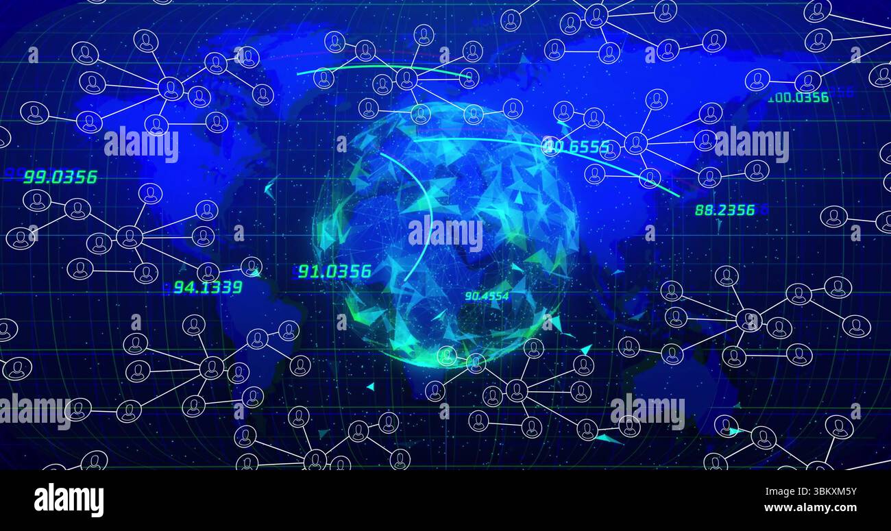 Displaying central faceted globe on blue grid with network lines, nodes and floating data points Stock Photo