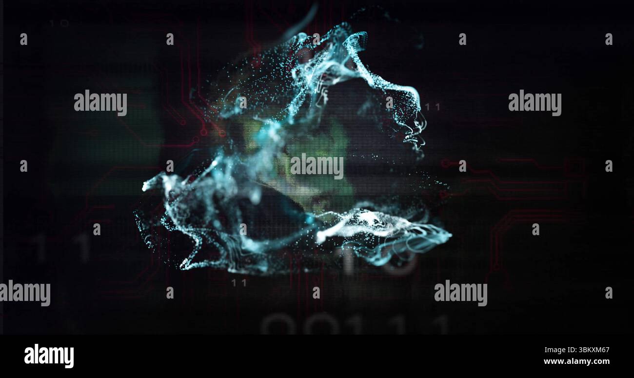 Swirling particle cloud glowing in virtual space, displaying binary digits and circuit traces Stock Photo
