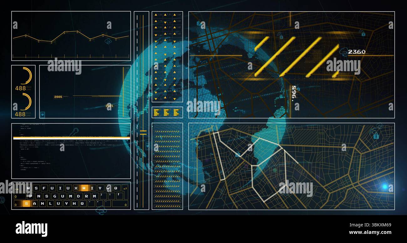 Displaying holographic world globe rotating in control interface, with line graph and network map Stock Photo