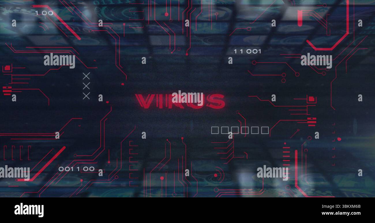 Displaying stylized interface scanning security panel, with red VIRUS text and circuit traces Stock Photo